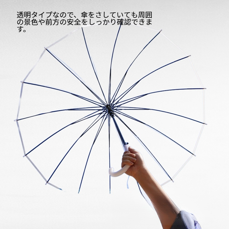長柄16本骨防風ダブル厚手生地透明傘