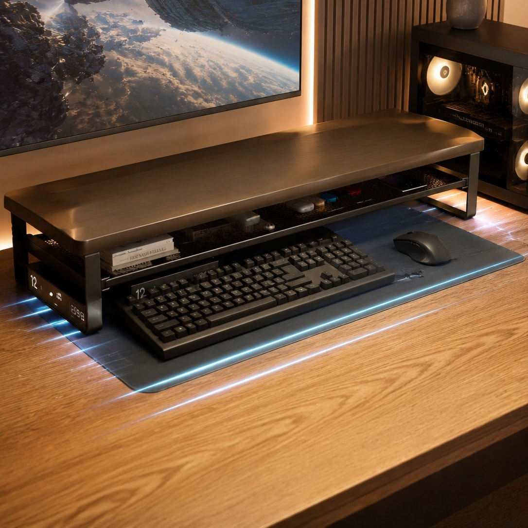 50/70/100 cm breiter Monitorständer mit Schublade, doppelstöckig, verschiebbares Tastaturfach