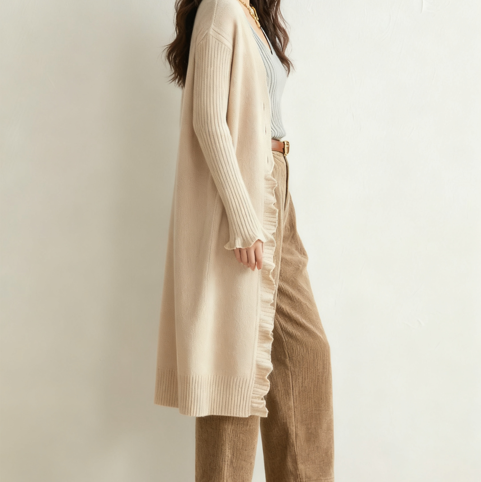 여성 스타일리시 러플 롱 오픈 가디건