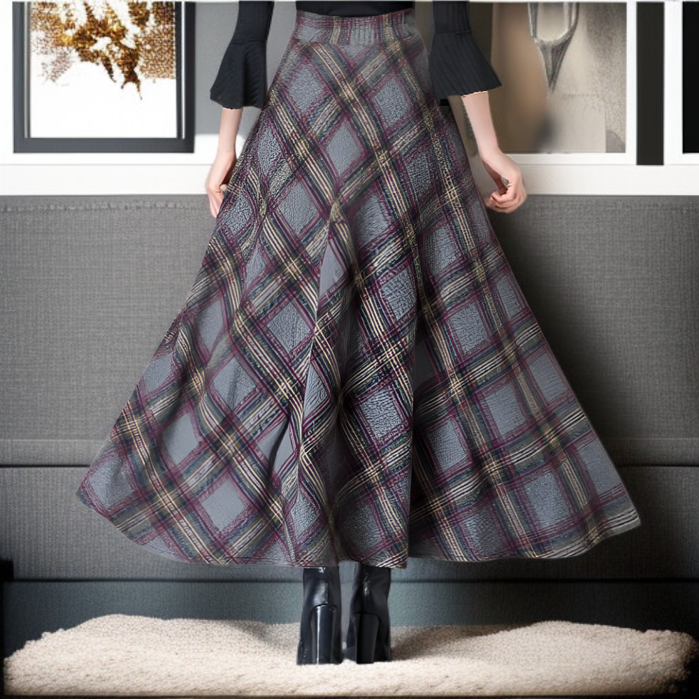 울 체크무늬 미디 스커트