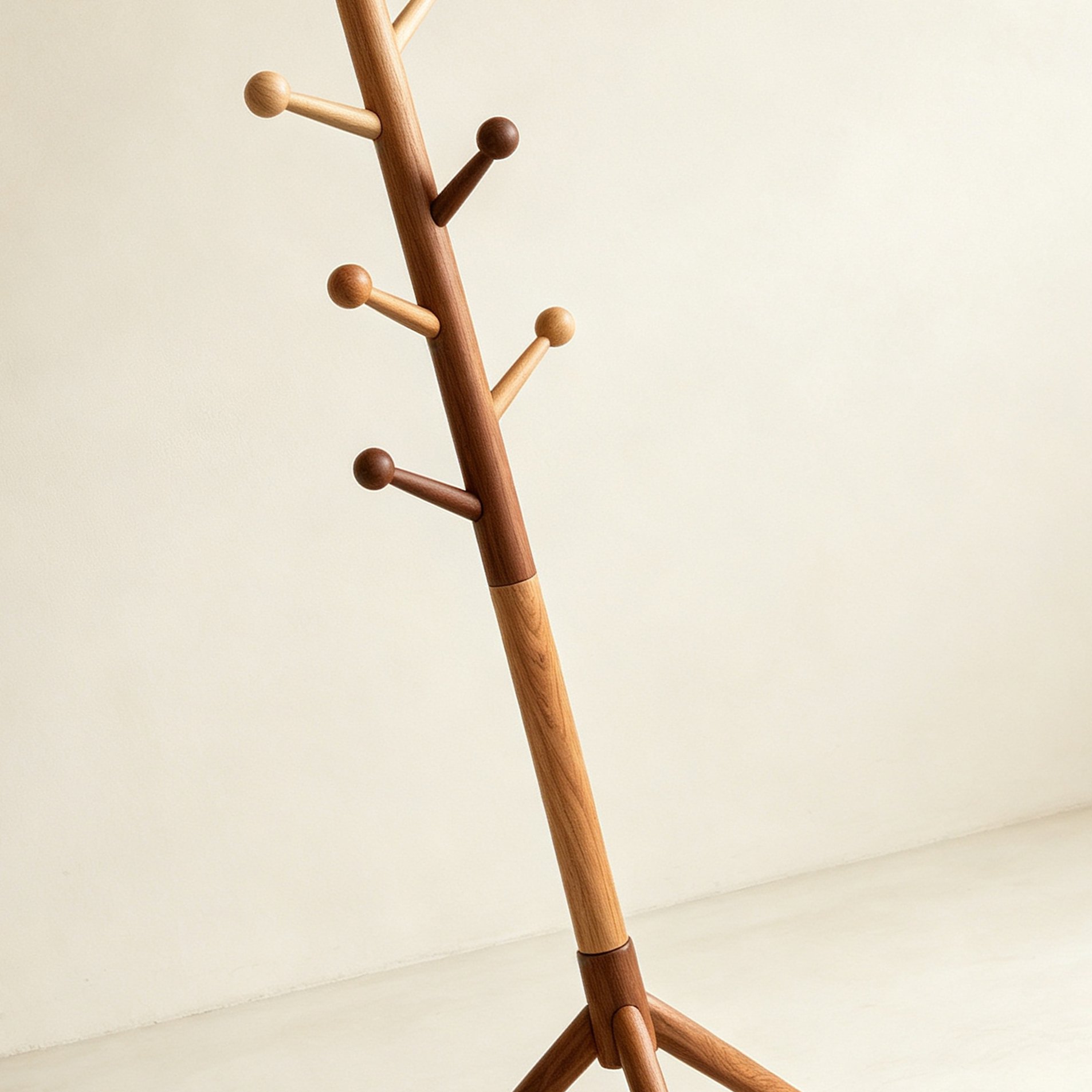 Close-up of durable wooden coat rack hooks