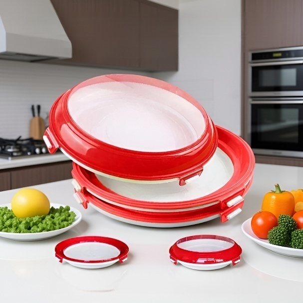 다양한 식품을 담은 원형 진공 보관함