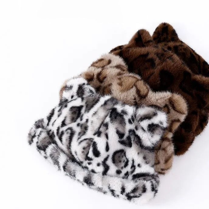 Thick Plush Leopard Print Bear Ear Warm Hat