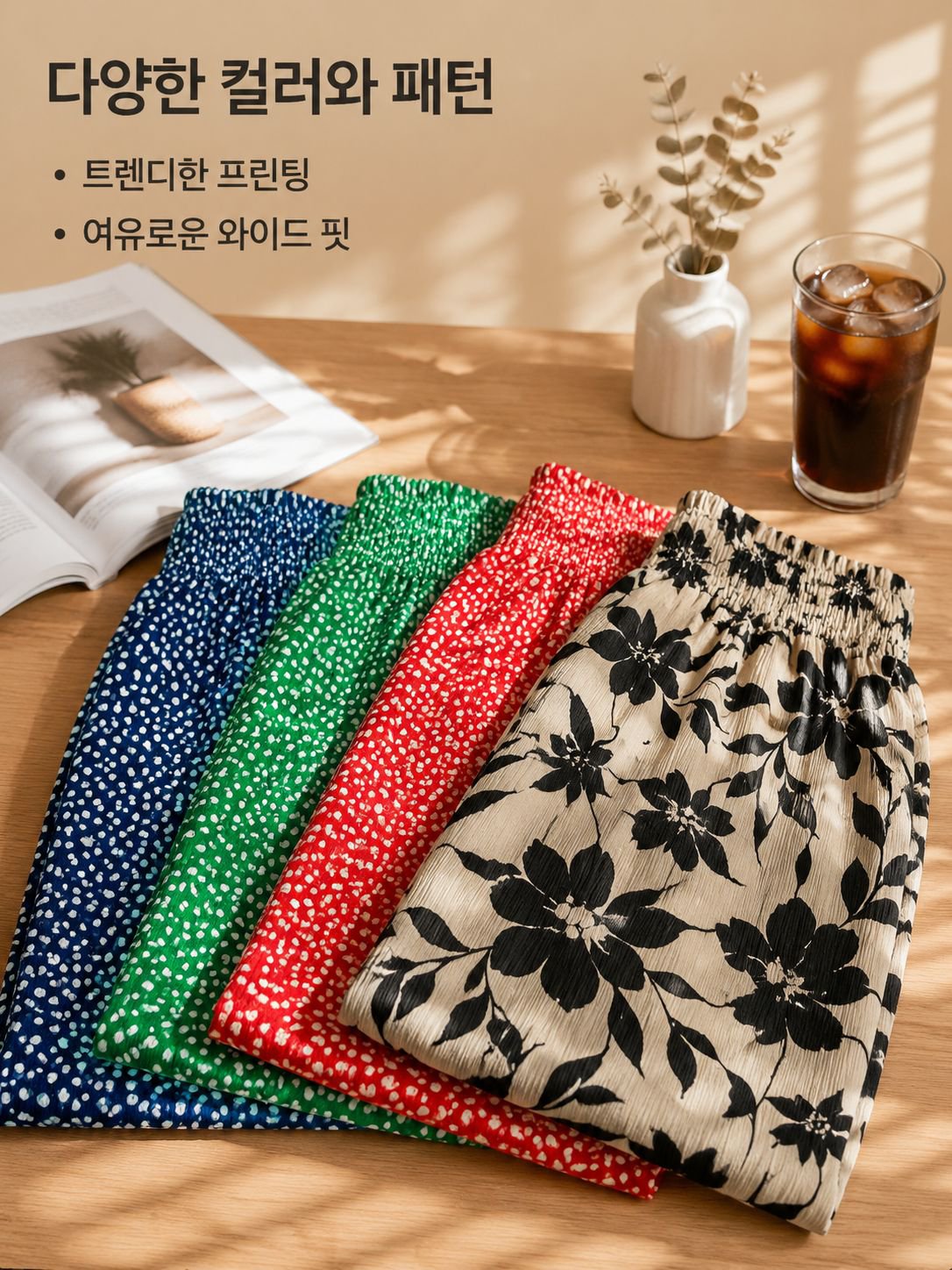 프린트 루즈핏 봄여름 캐주얼 신축성 허리 밴딩 팬츠