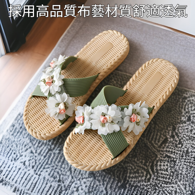 防滑耐磨女士花朵布藝平底沙灘涼鞋