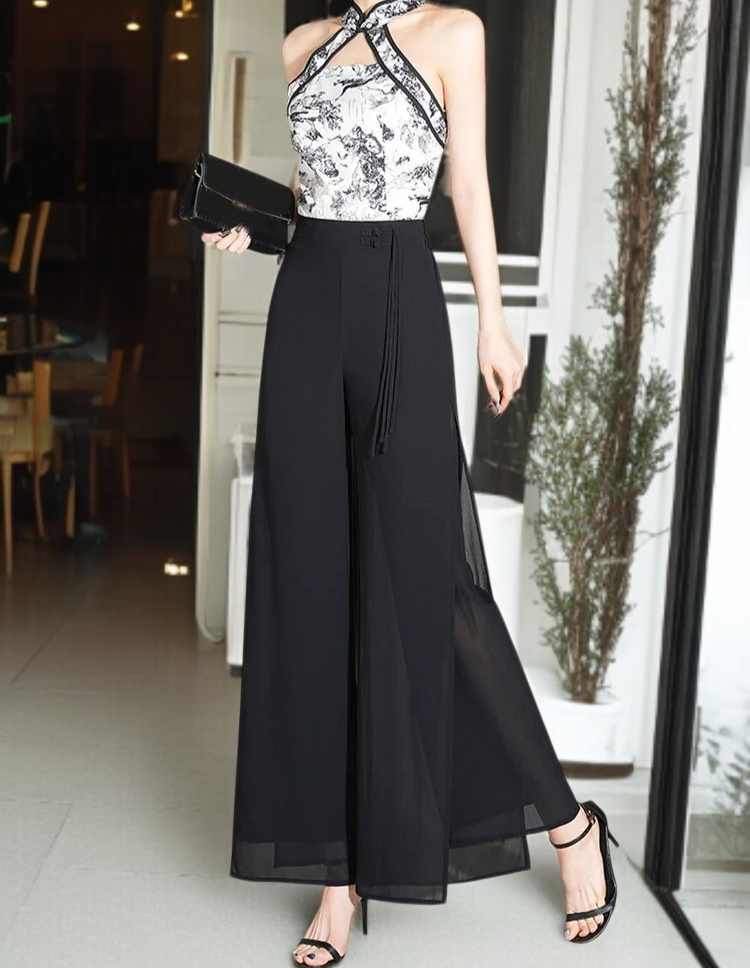 여성 와이드 얇은 밴딩 허리 와이드 팬츠 9부 처짐 절개 와이드 팬츠 바람 쉬폰 일자 와이드 팬츠 하늘하늘 치마바지