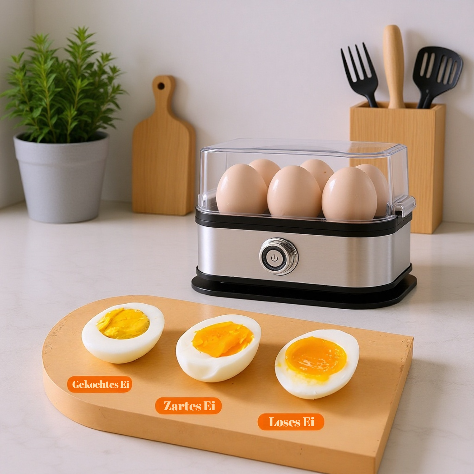 Kompakter Edelstahl-Eierkocher, Ein-Knopf-Bedienung, Schutz vor Trockenlauf