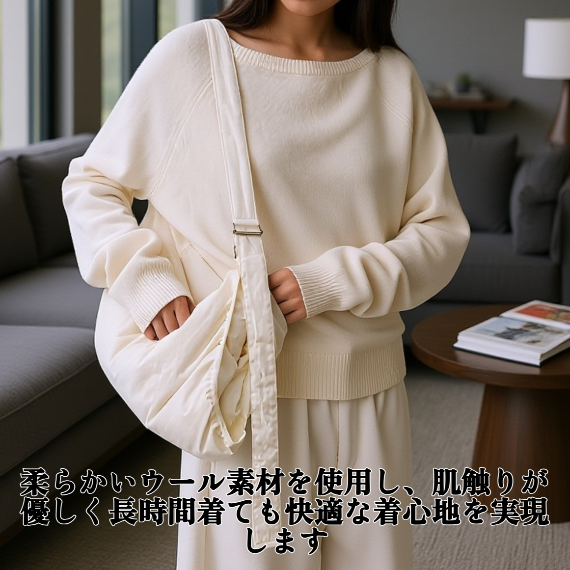 オフショルダーのウールセーター。柔らかくて暖かい。