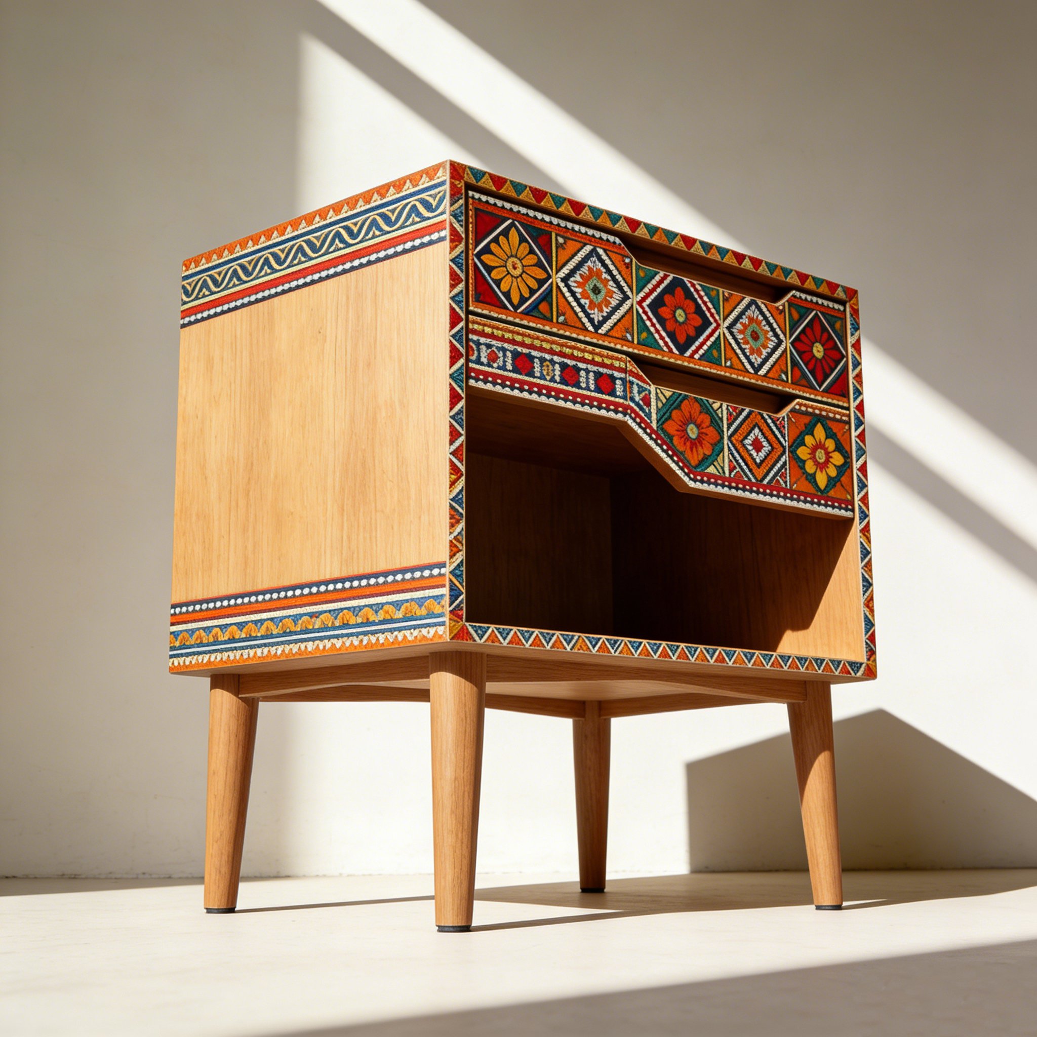 침대 옆에 놓인 수납형 사이드 테이블