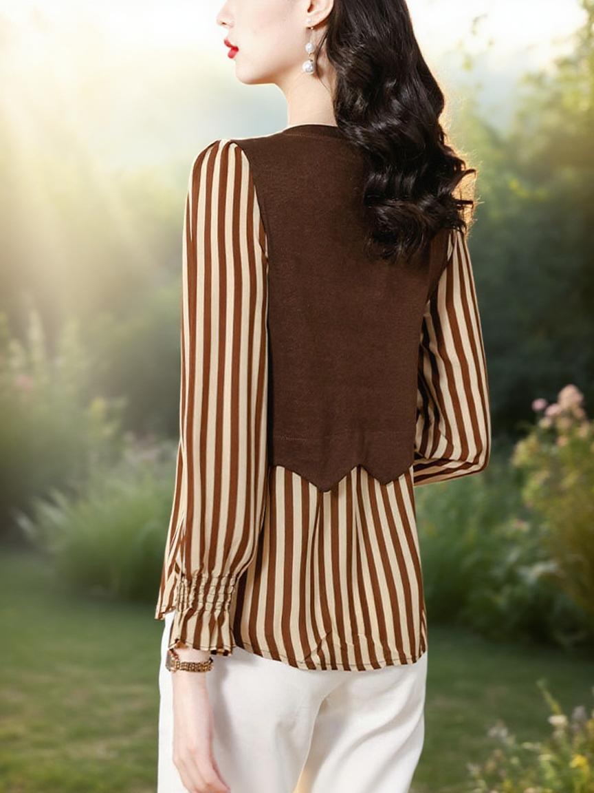  스트라이프 배색 레이어드 스타일 여성 상의