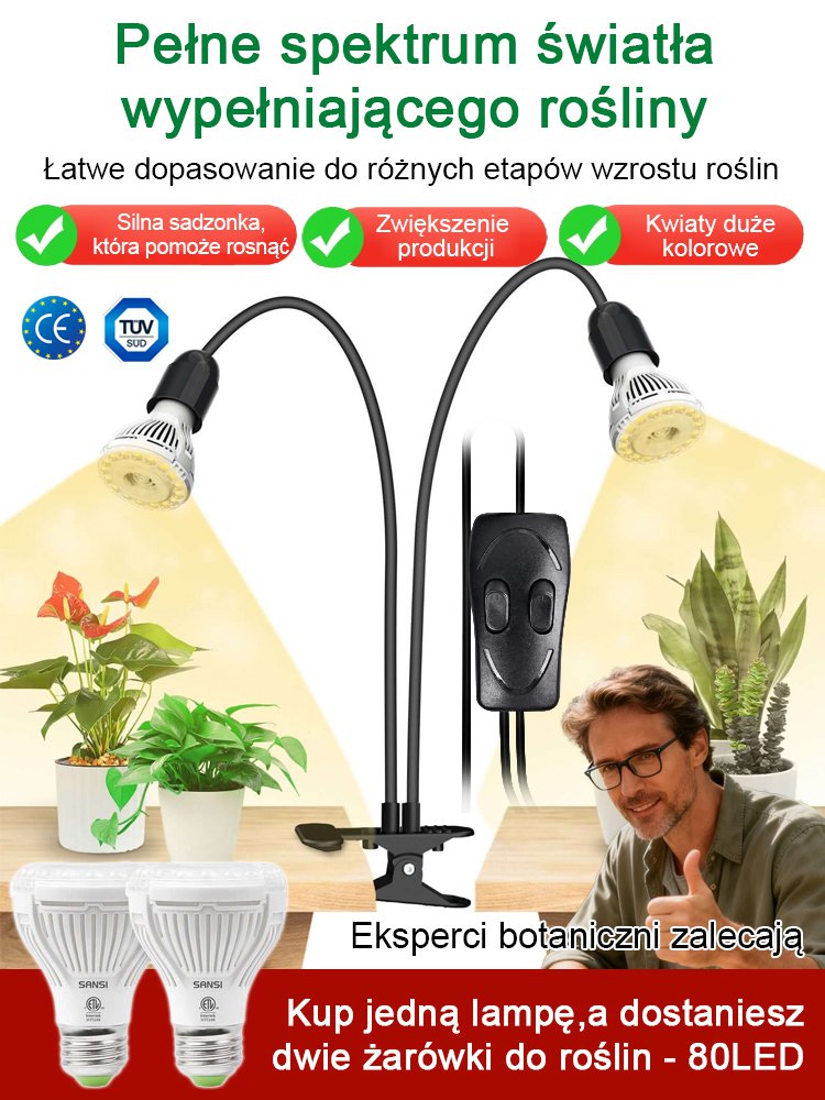 Regulowana dwugłowicowa lampa LED do wzrostu roślin i zwierząt z klipsem