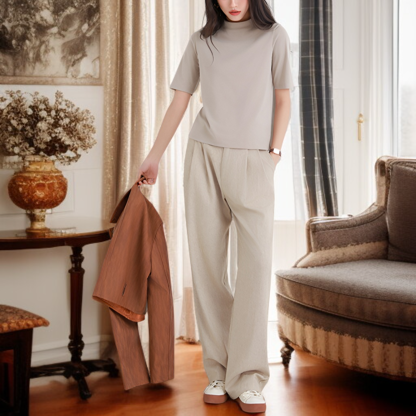 【柔らかくて優しい】2026春夏新作 五分袖スタンドカラー テンセルTシャツ 薄手ゆったり 半袖 快適 軽量 着痩せ レディース トップス プラスサイズあり