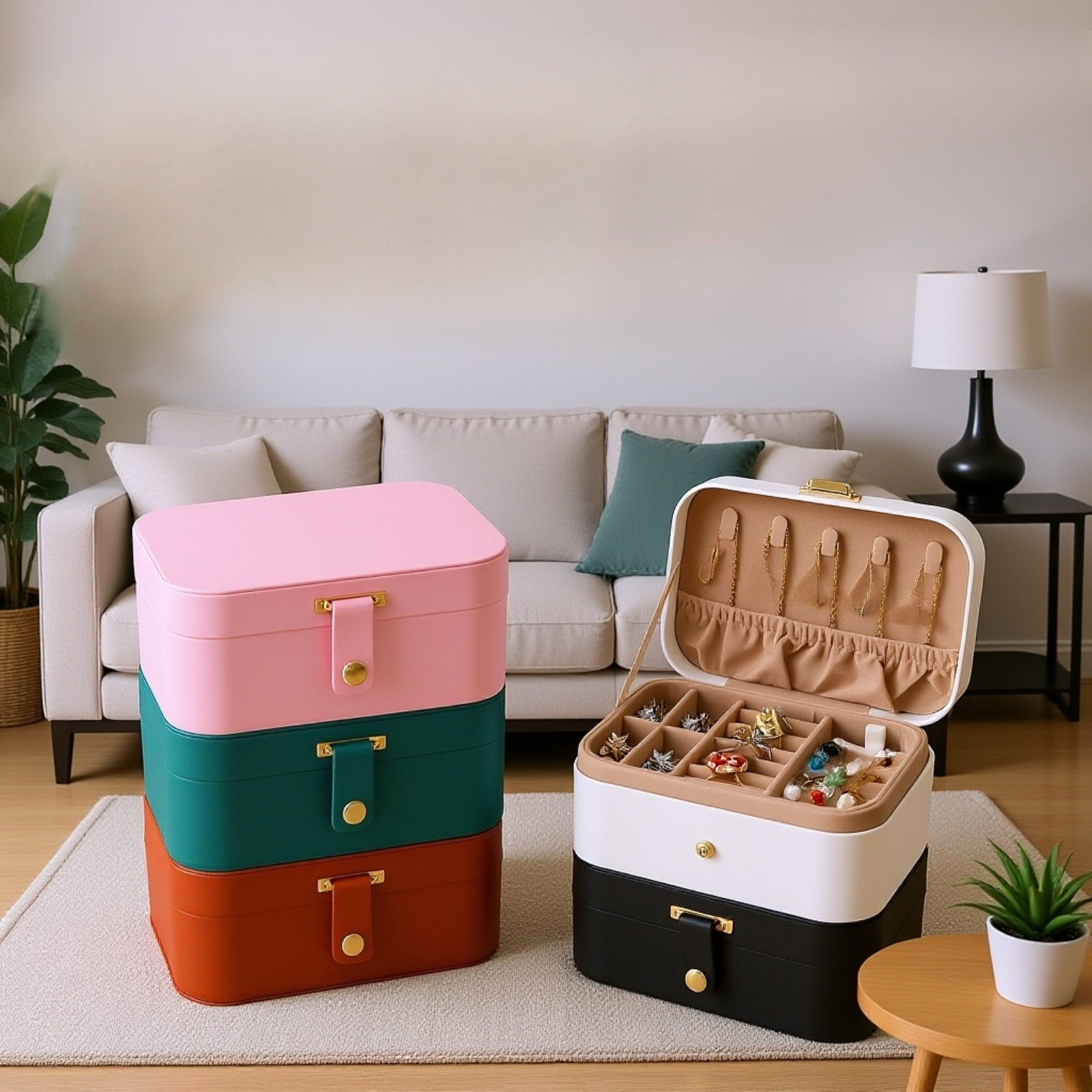 Button Flip 2-lagige Reise-Schmuckschatulle Tragbare Halskette Ohrring Ring Schmuckschatulle Aufbewa