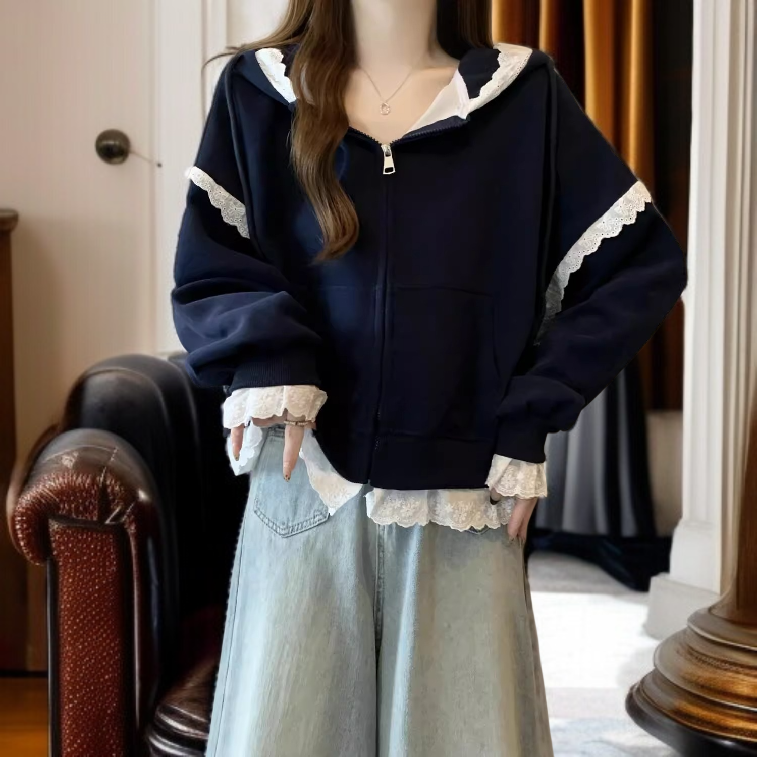 春秋新作 ヨーロッパ風大きいサイズ 上品レースフードパーカー アウター