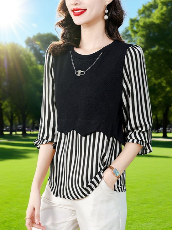  스트라이프 배색 레이어드 스타일 여성 상의