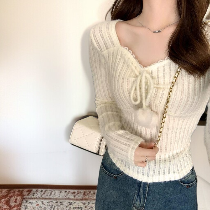 학식  여자 숙녀 니트 긴 소매 쇄골 트랜드 벨트 내탑 기본을 두다 짧은 저고리 색다르다 니트