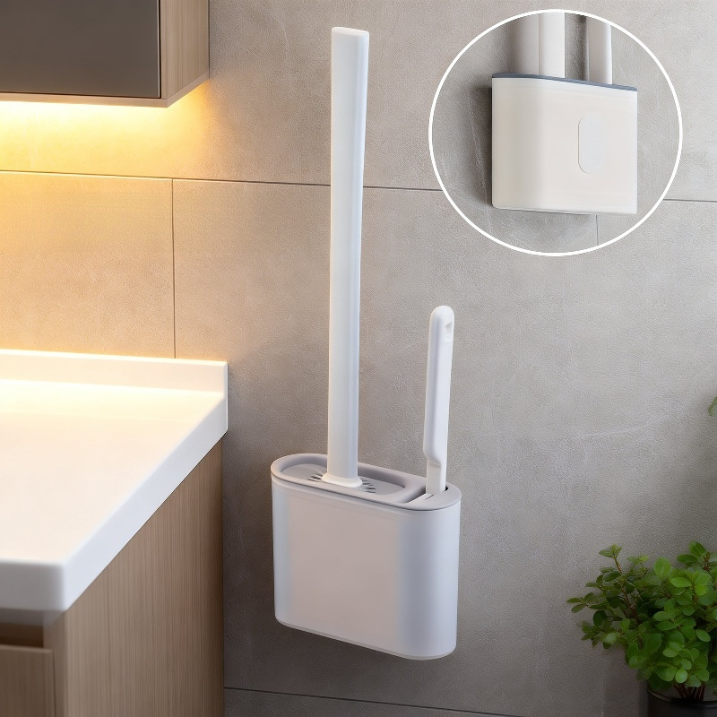 Bathroom Wall Mounted Toilet Brush Set, 2 Brushes & 1 Holder, Flexible Cleaning