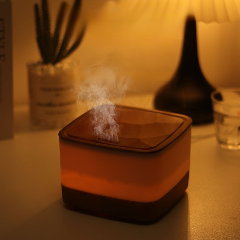 Close-up of ultrasonic mist from desktop humidifier