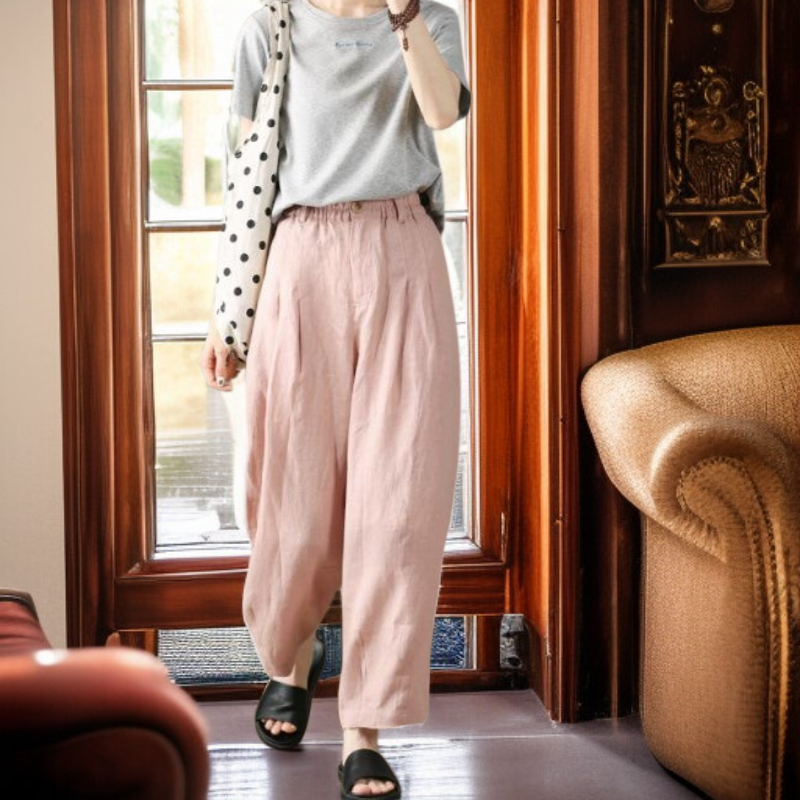핀턱 린넨 빈티지 와이드 슬림핏 핑크 캐주얼 바지 여 여름 얇은 면 마 하이웨스트 와이드 9부 바지