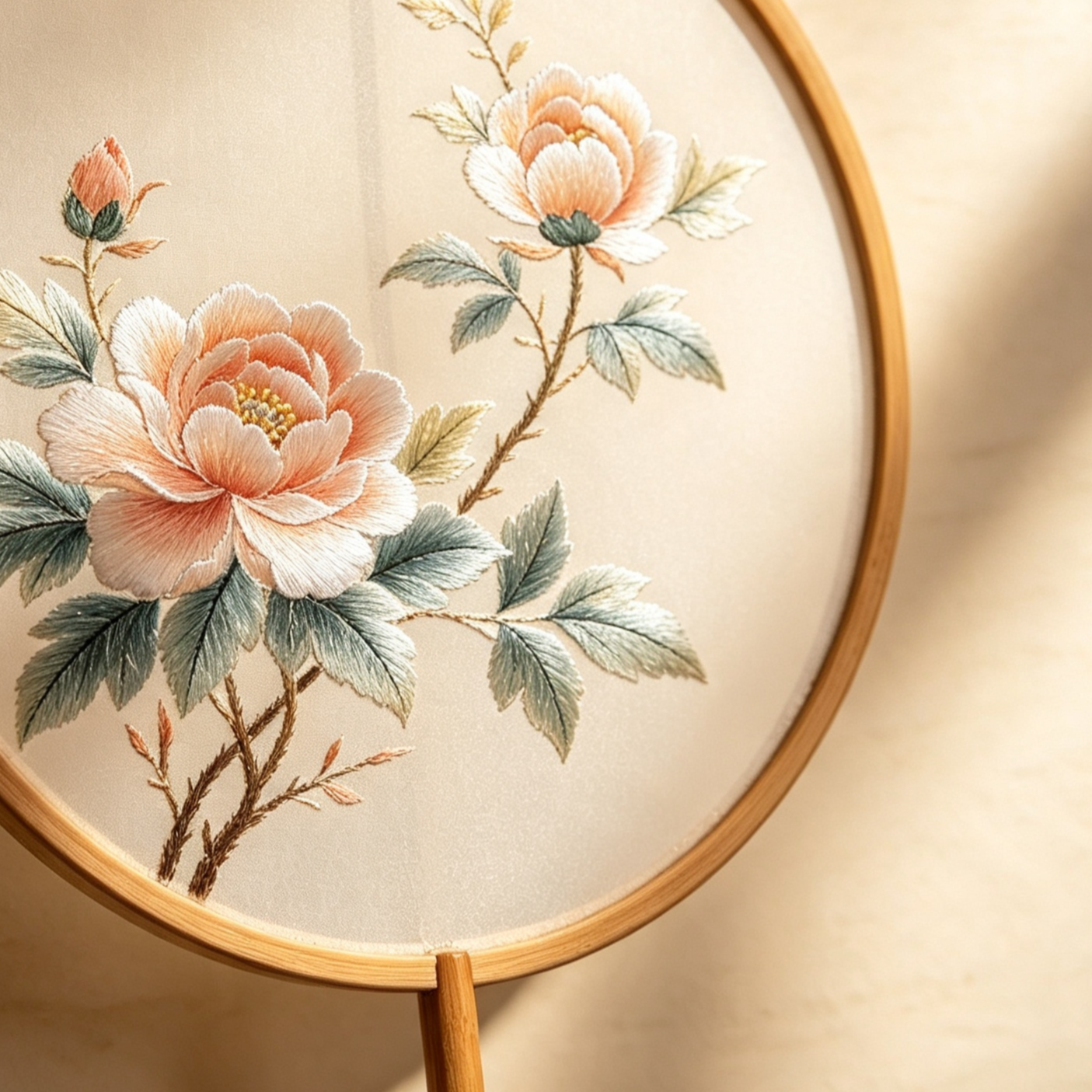 Peony embroidered bamboo handle round fan (2 pieces)