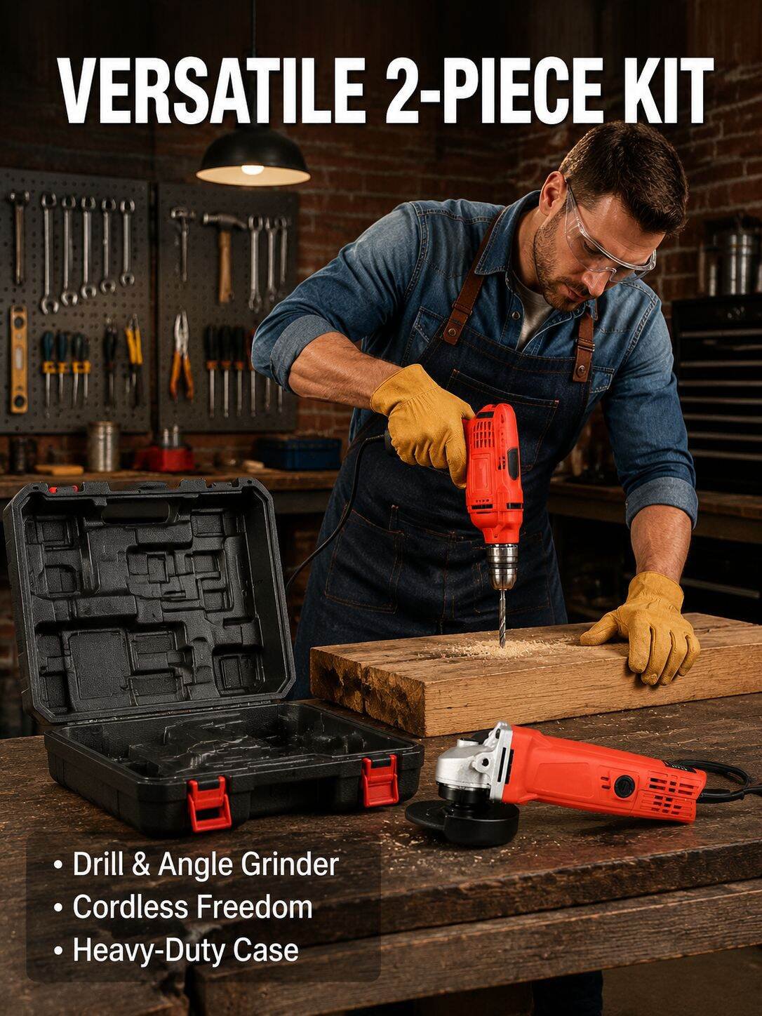 Multi-Function 2-Piece Cordless Drill & Angle Grinder Home Tool Kit with Hard Case