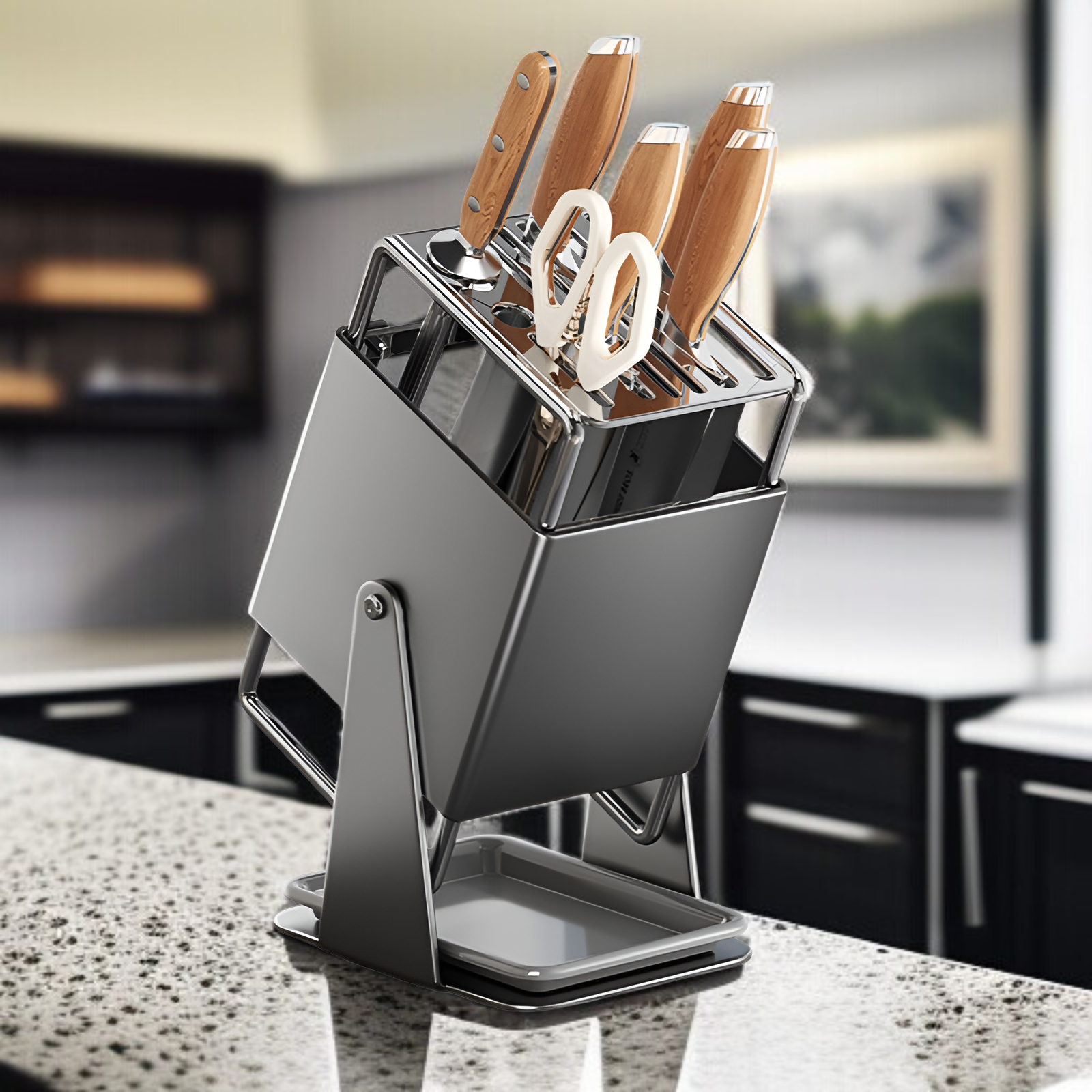 キッチンカウンタートップ回転式ナイフラックオープン家庭用収納ラック水トレイ付き新スタイル収納キッチンナイフラック