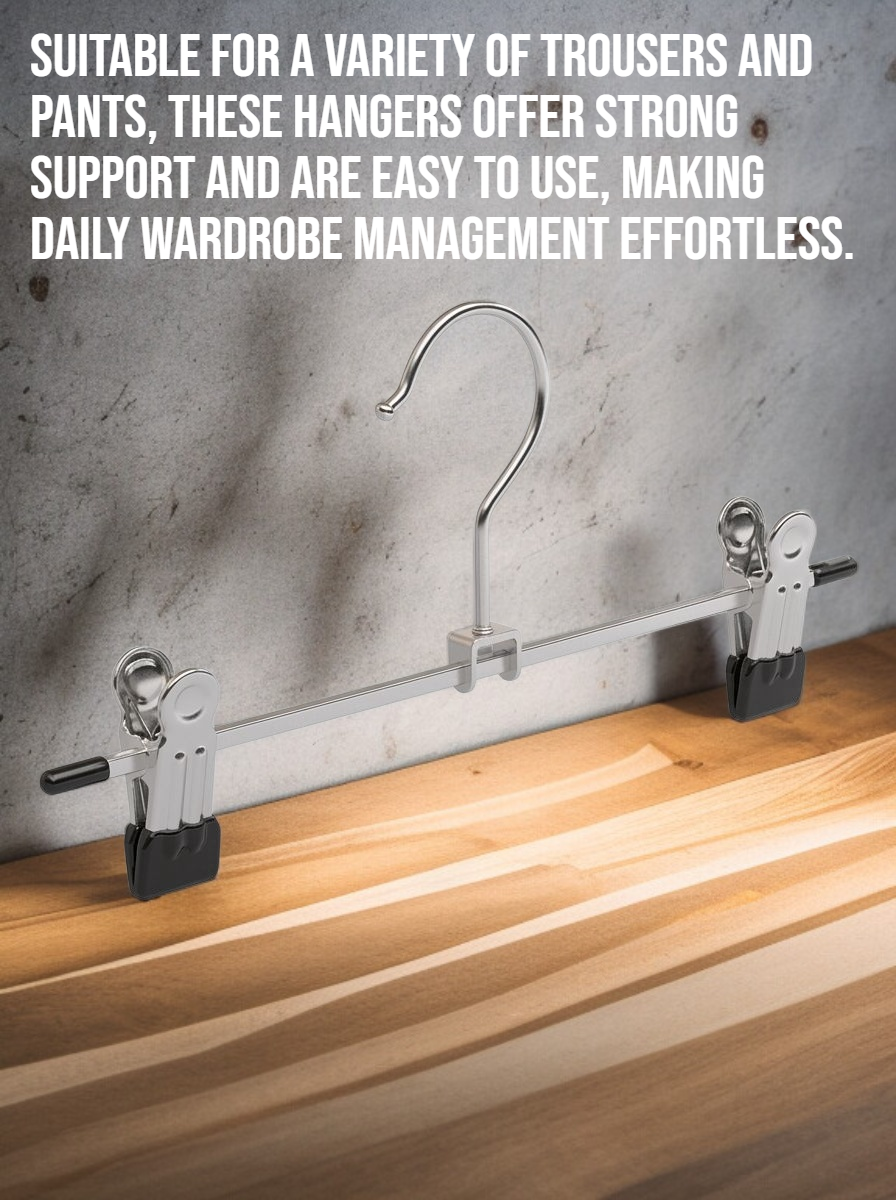 No-mark stainless steel hangers holding pants neatly