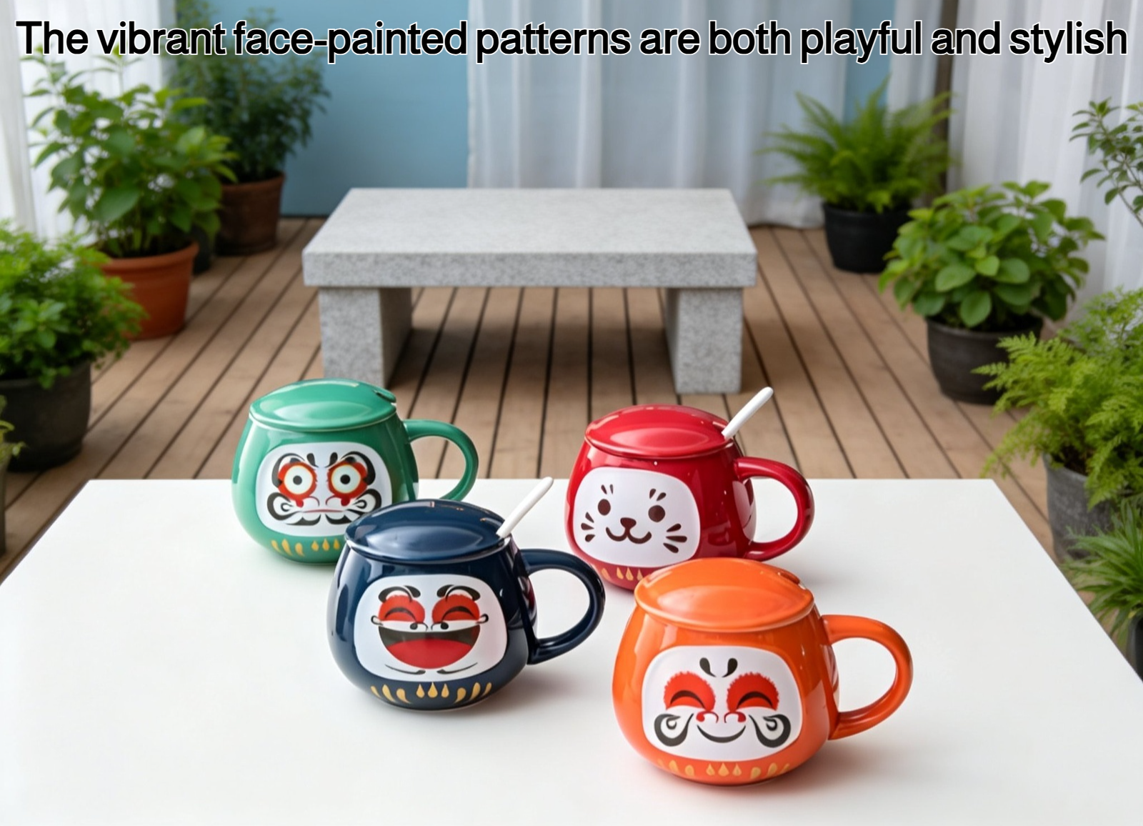 Hand-painted face ceramic mug on white background