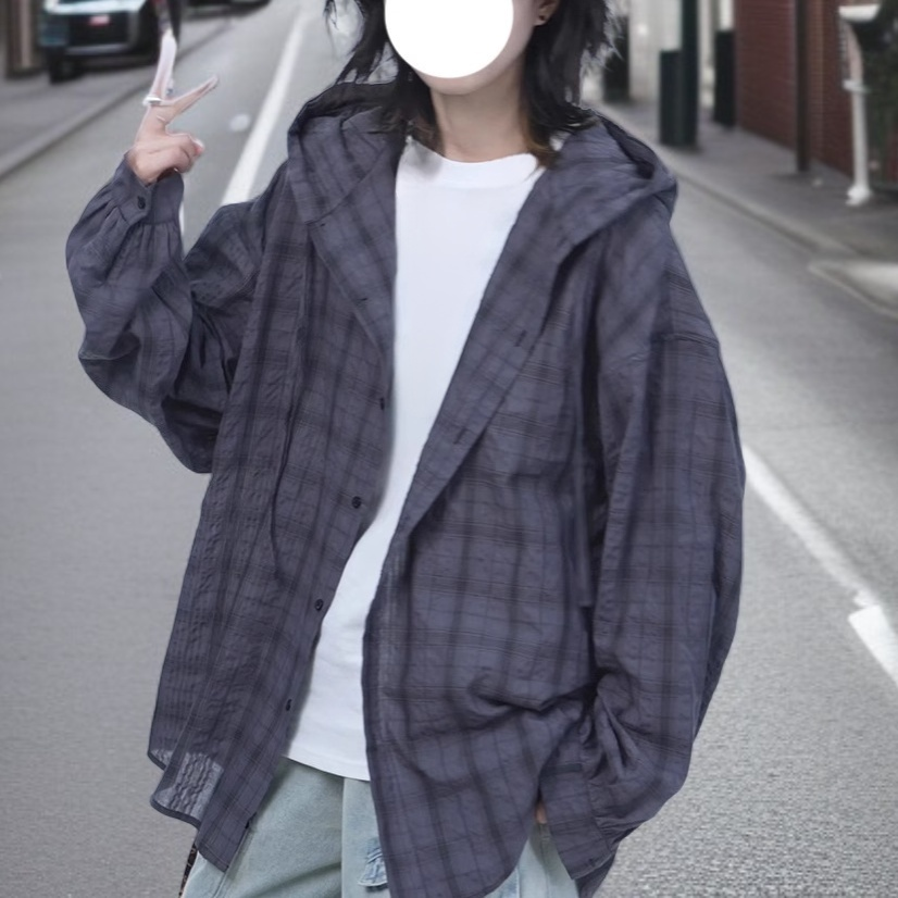 그레이 플레드 후드 긴팔 셔츠