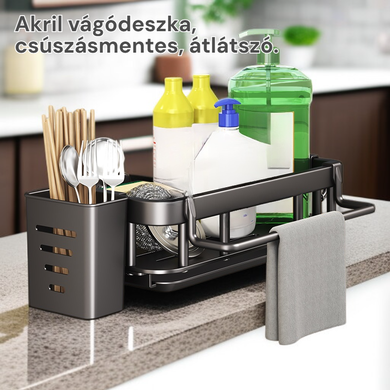 Mosogató szélén elhelyezhető, fúrás nélküli konyhai tároló és törlőrongy tartó