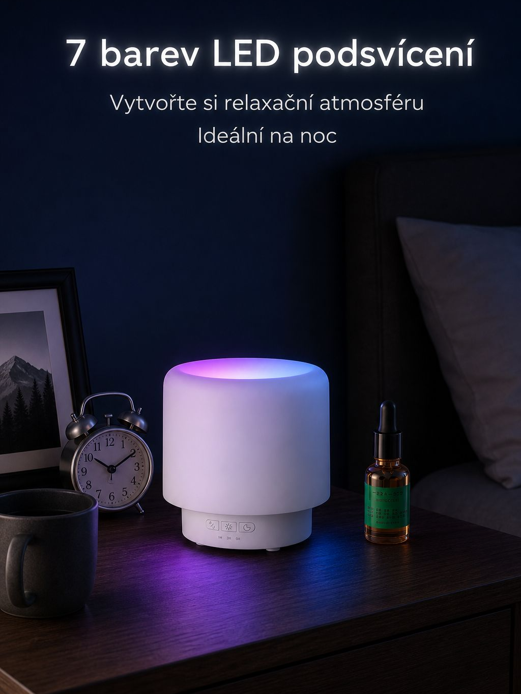 USB aroma zvlhčovač vzduchu s vícebarevným světlem, stolní přístroj pro atmosféru ložnice