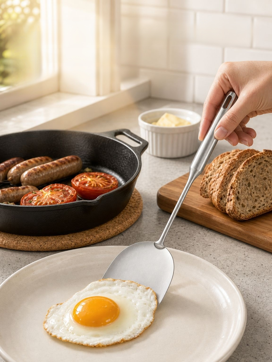 Kitchen spatula with a sturdy stainless steel cooking surface