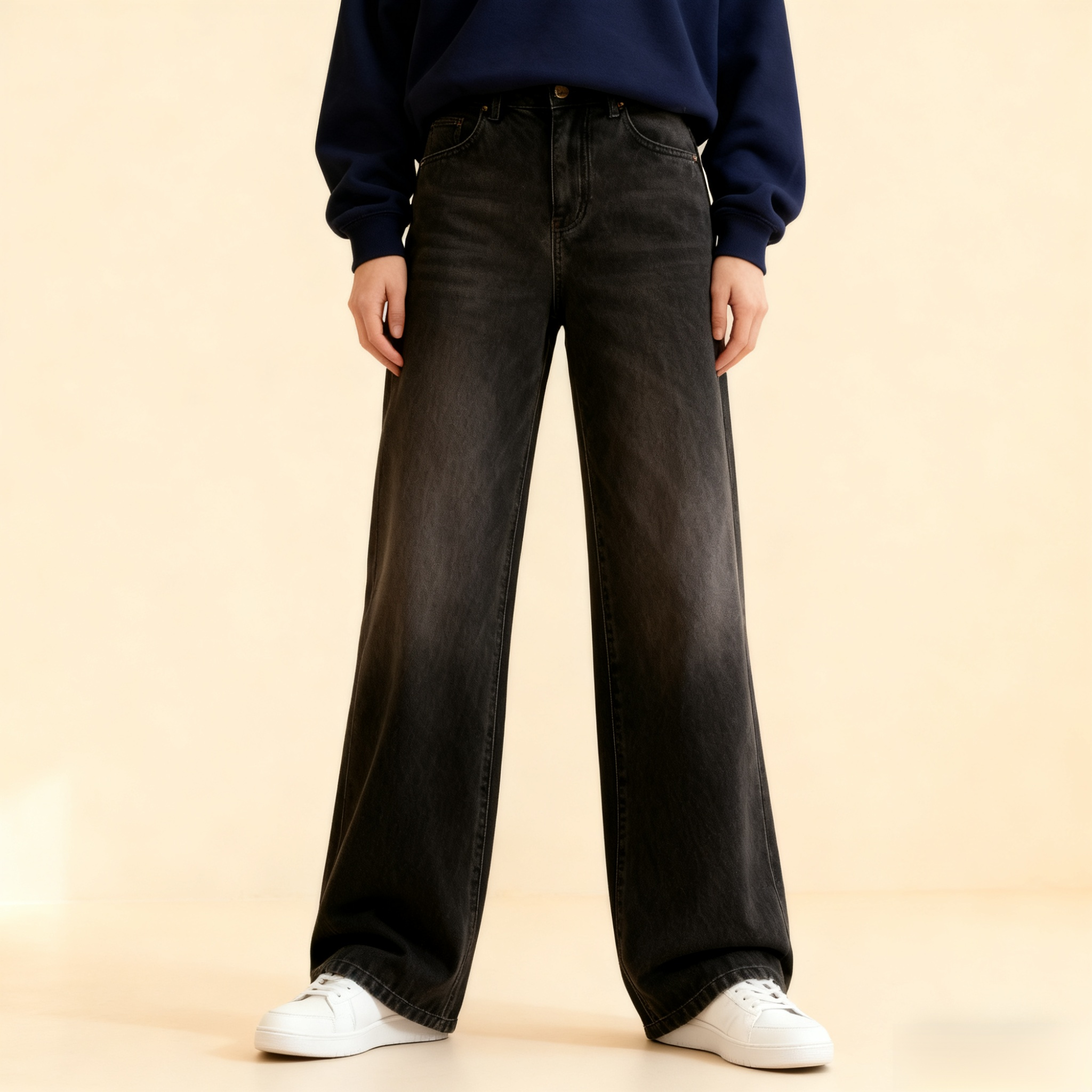 여성 클래식 블랙 루즈핏 하이웨이스트 청바지