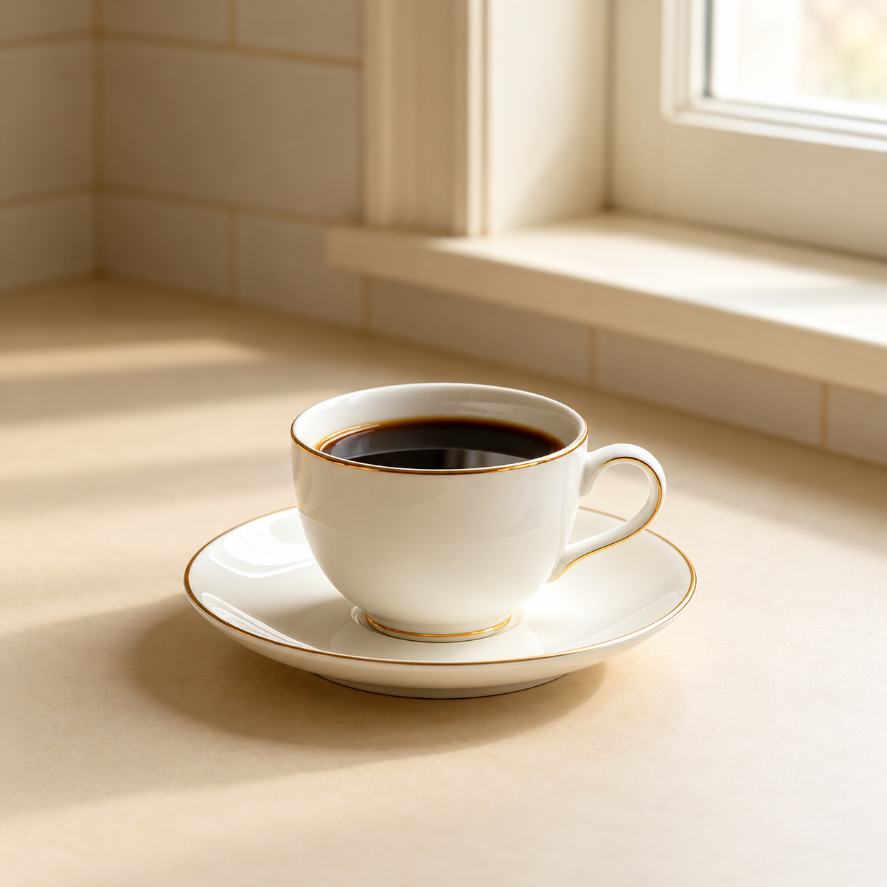 Coffee-Break White-Porcelain Gold-Rim Cup & Saucer