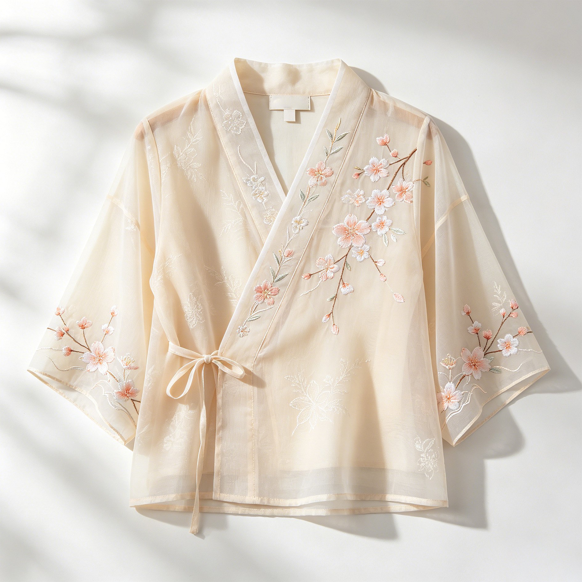 桜の刺繍入りモダンチャイニーズスタイルのクロスカラーカーディガン
