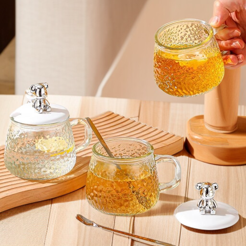 고급 곰돌이 머그컵 사무실 커피컵 물컵 유리 손잡이 꽃차컵