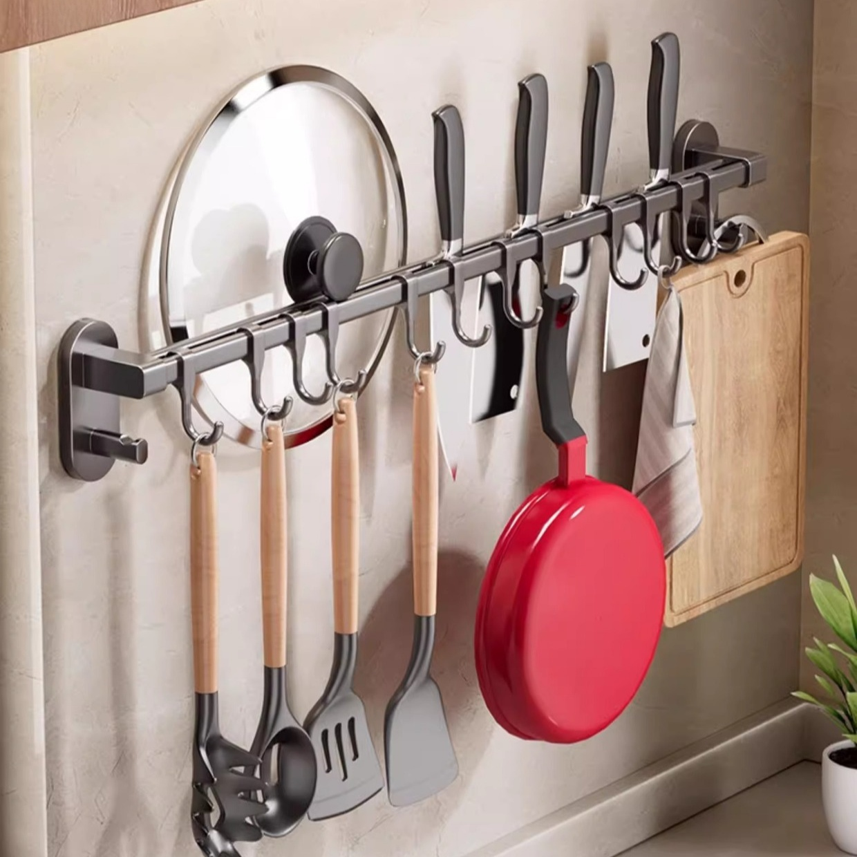 廚房多功能免打孔掛桿壁掛收納掛鉤架槍灰鍋勺支架