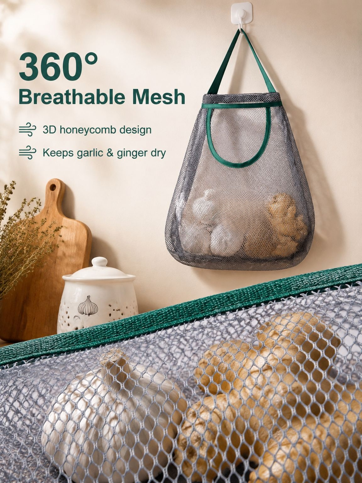 Wall-mounted Garlic & Ginger Organizer Bag, Kitchen Storage Mesh Sack