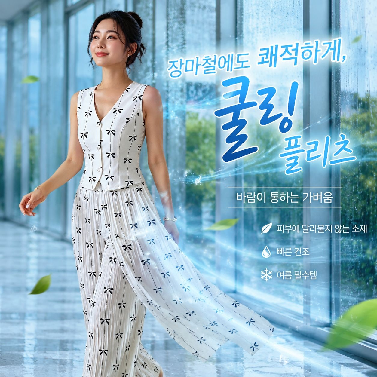 프린트 조끼 상의와 플리츠 팬츠 세트