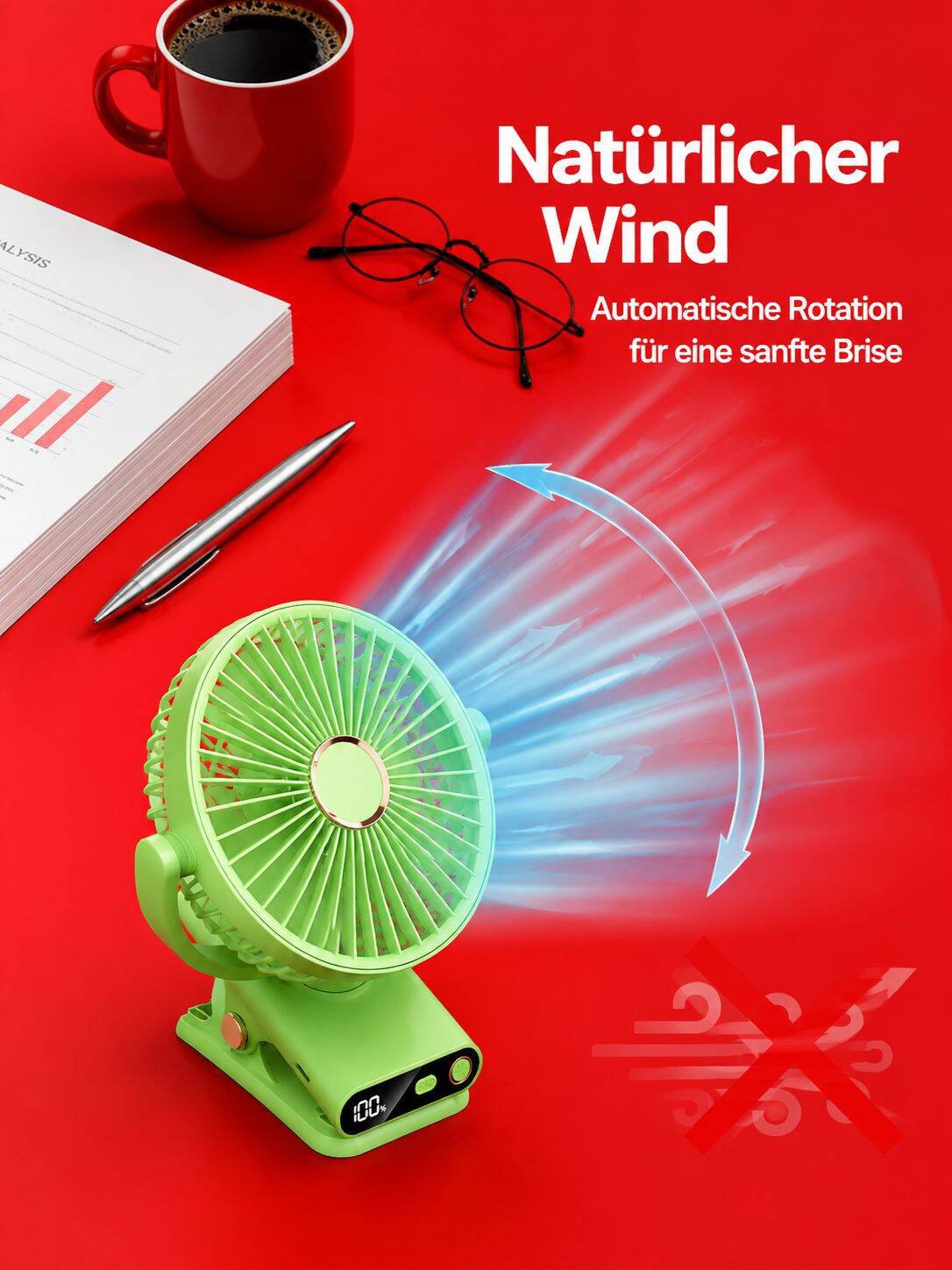 Praktischer Ventilator mit starker Klemme zur einfachen Befestigung