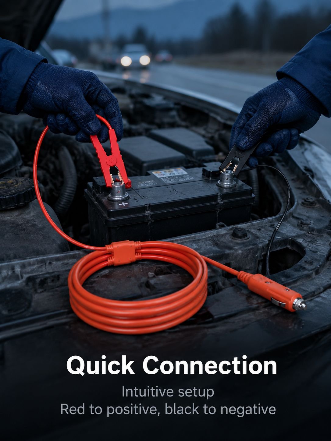 Tangle-free car battery charging cable with storage bag