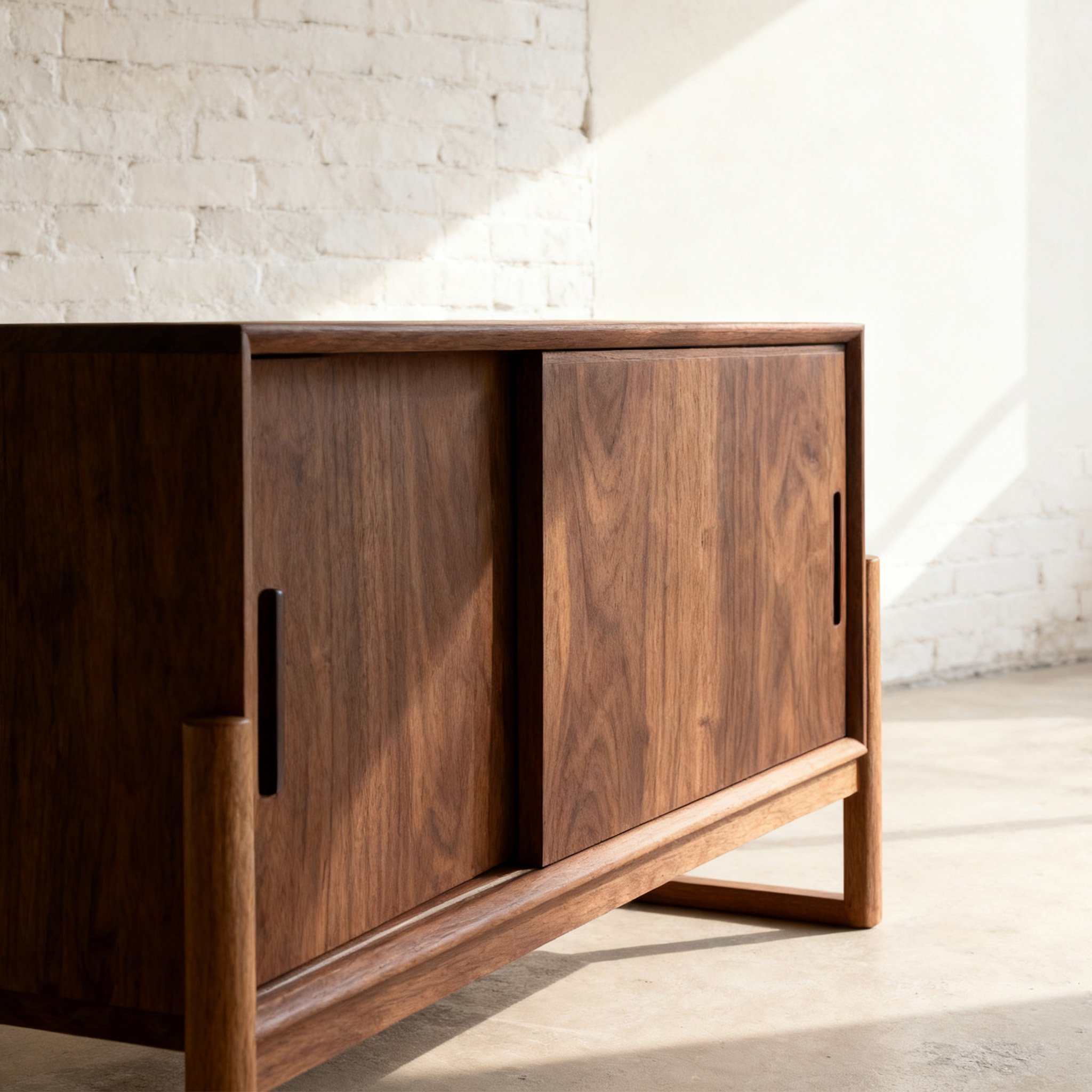 슬라이딩 도어가 열려 있는 월넛 수납장