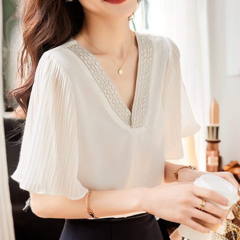 여성 여름 반팔 상의 배 가리는 반팔 화이트 셔츠 봄옷 블라우스 반팔 상의