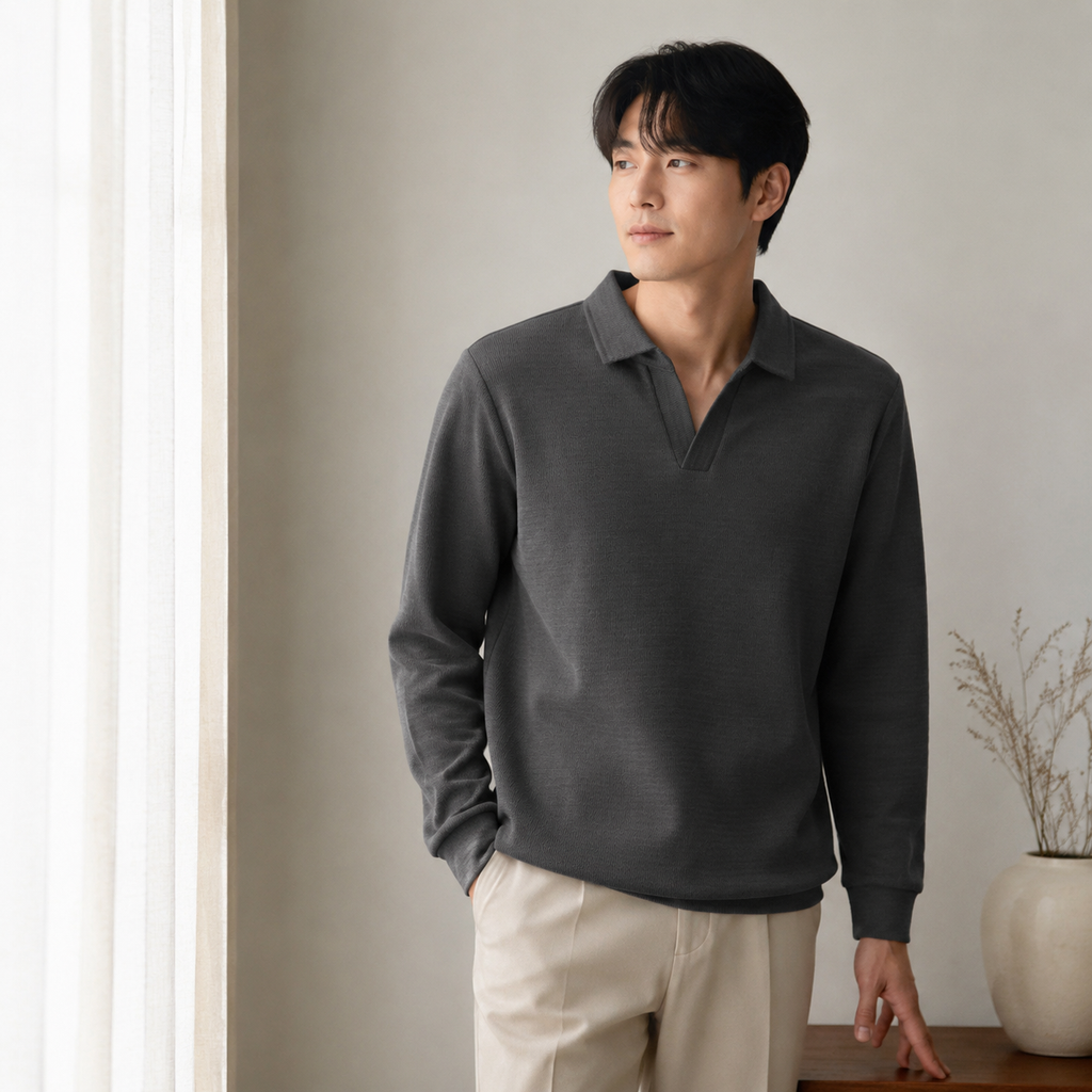 고급 면 자카드 갈매기 칼라 폴로셔츠