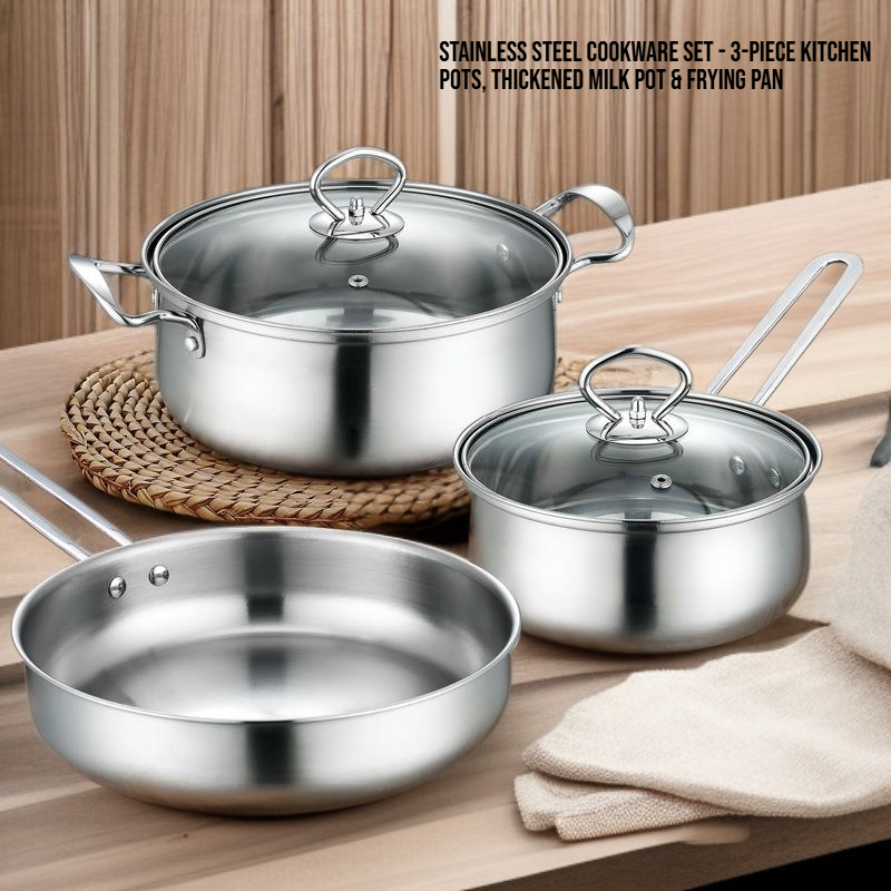 Stainless Steel Cookware Set - 3-Piece Kitchen Pots, Thickened Milk Pot & Frying Pan