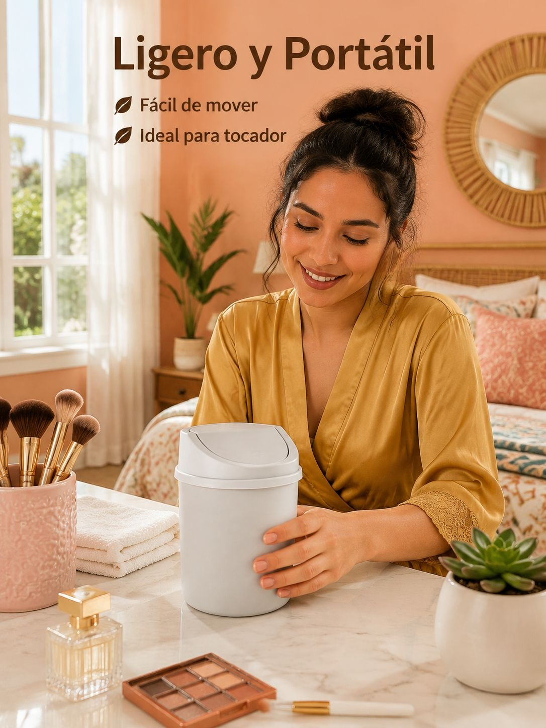 Bote de basura compacto con tapa para tocador