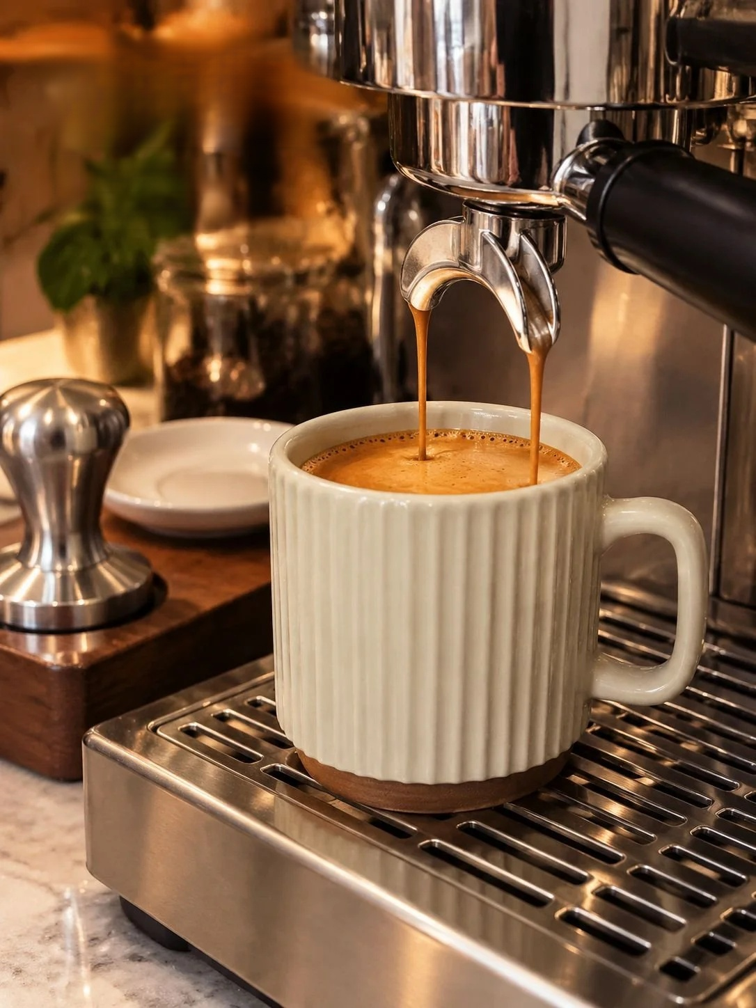 Stacked beige mugs showing a clean and compact design