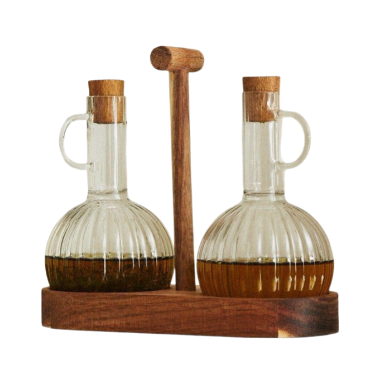 Oil Bottle with Wooden Stopper Kitchen Seasoning Striped Glass Vinegar Soy Sauce Pot