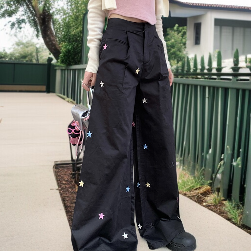 캐주얼 팬츠 여자 별 와이드 팬츠 롱 팬츠 여 슬림 와이드 팬츠 자수 캐주얼 와이드 팬츠