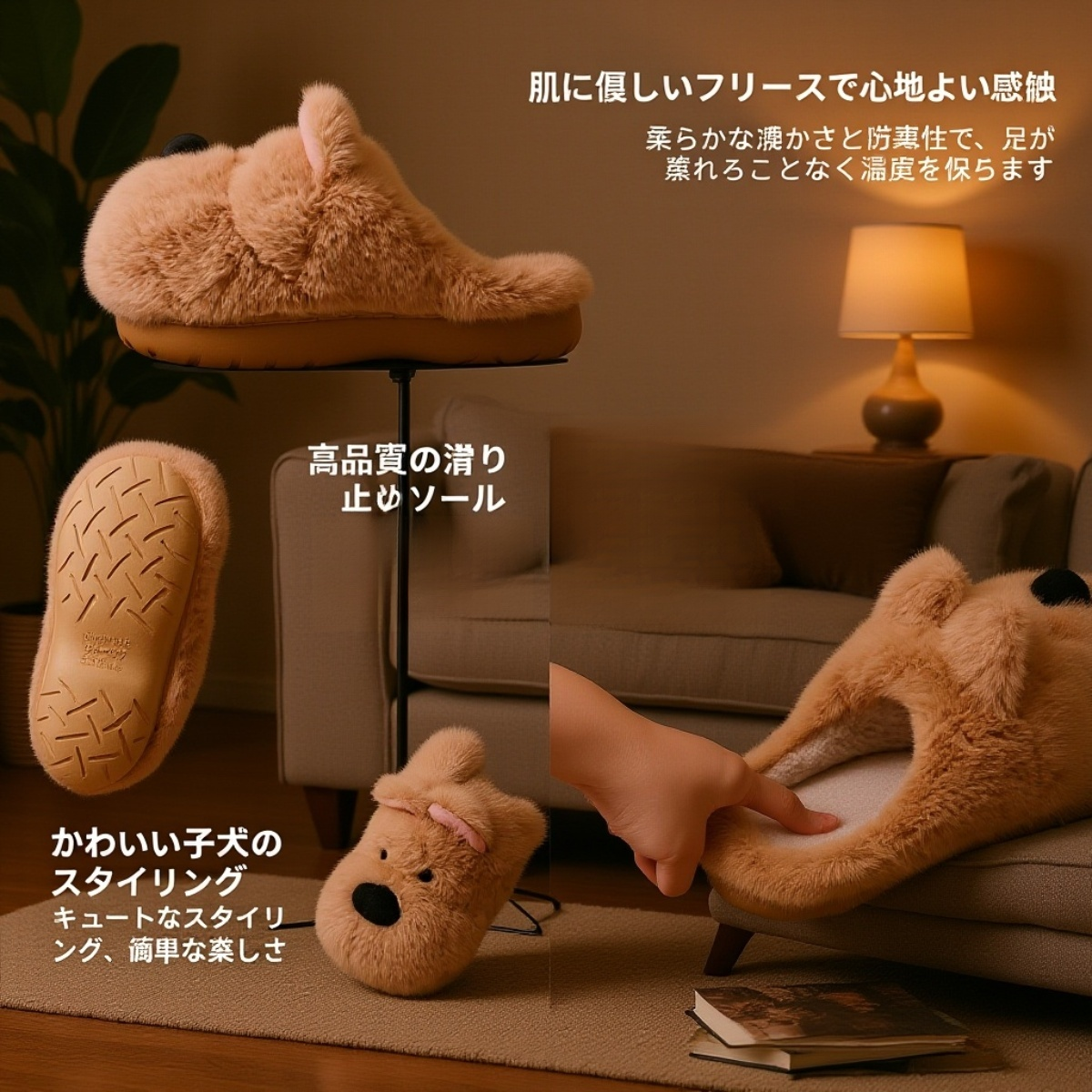 滑り止め付き厚底女性用室内もこもこスリッパ